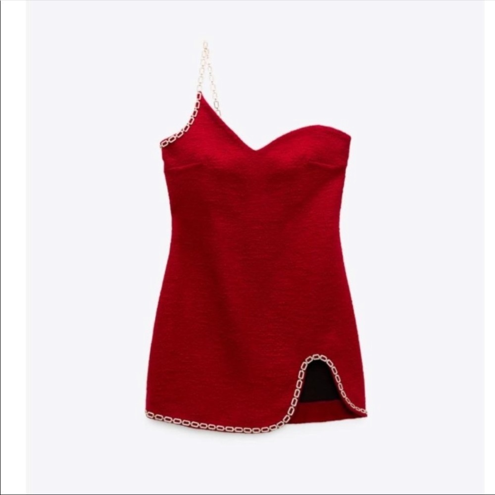 New Zara Chain Trim Asymmetric Mini Dress Red - Picture 13 of 15